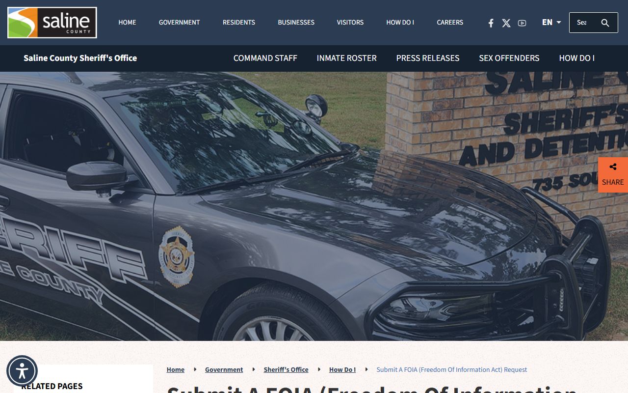 Saline County inmate population FOIA booking record request instructions