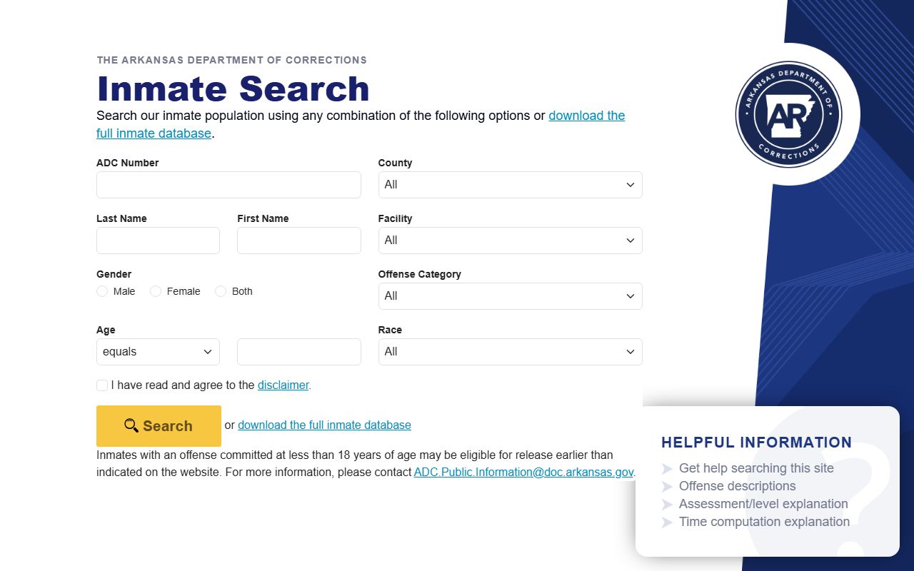 Arkansas DOC Benton Unit inmate lookup search interface